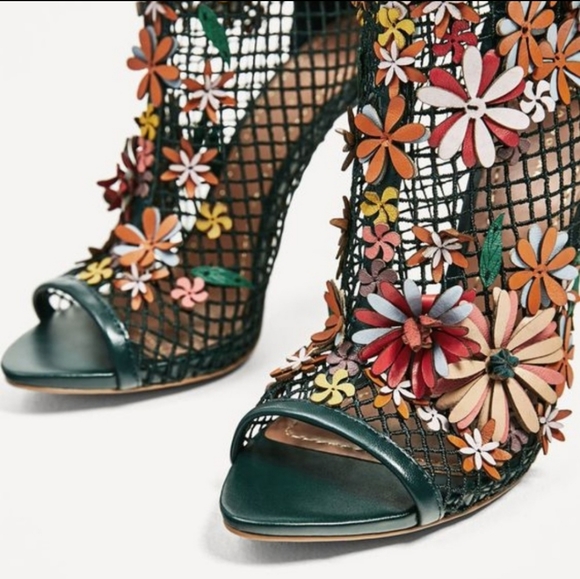 Zara - Green Floral Mesh Heels - Picture 2 of 15
